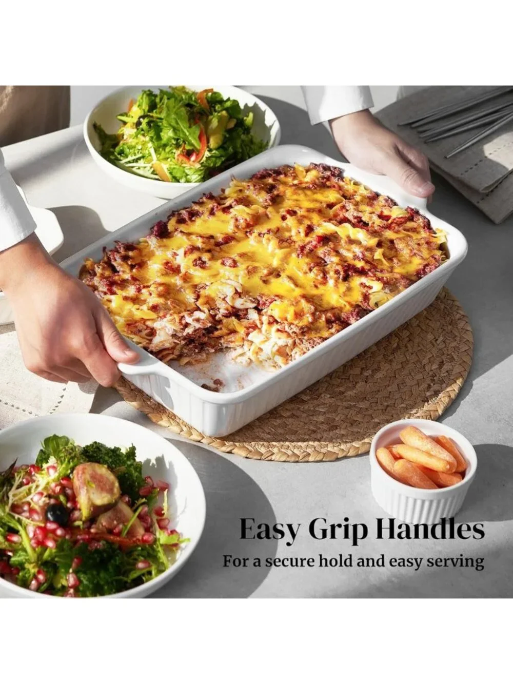 Ceramic Casserole Baking Dishes Set of 3 - Deep Lasagna Pan with Handles, White
